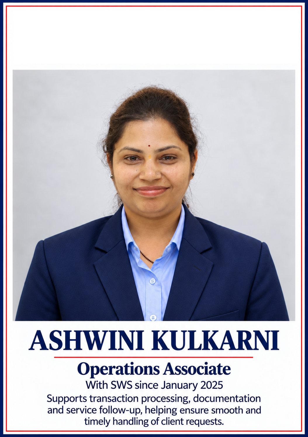 Ms. Ashwini Kulkarni, Operations Support, SWS Fintech Services Nashik