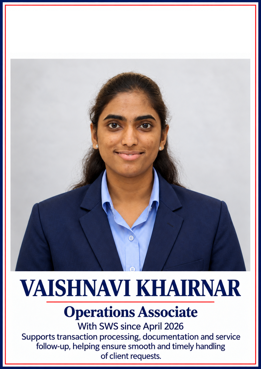 Ms. Vaishnavi Khairnar, Operations Support, SWS Fintech Services Nashik